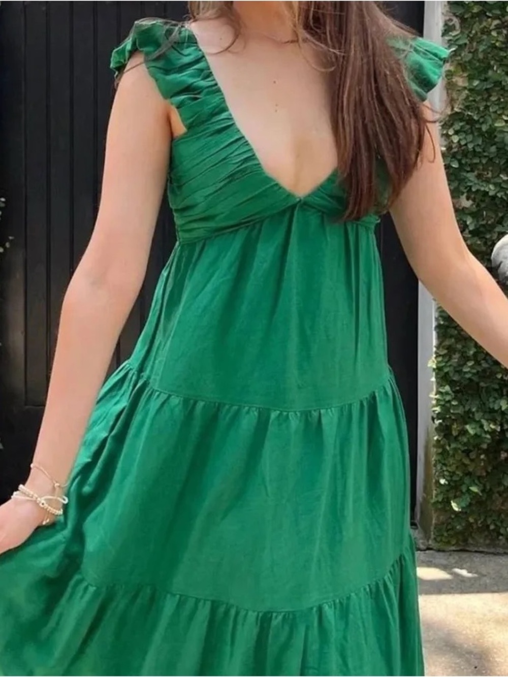 Jason Wu Green Ruffle Sleeve V-Neck Tiered Dress